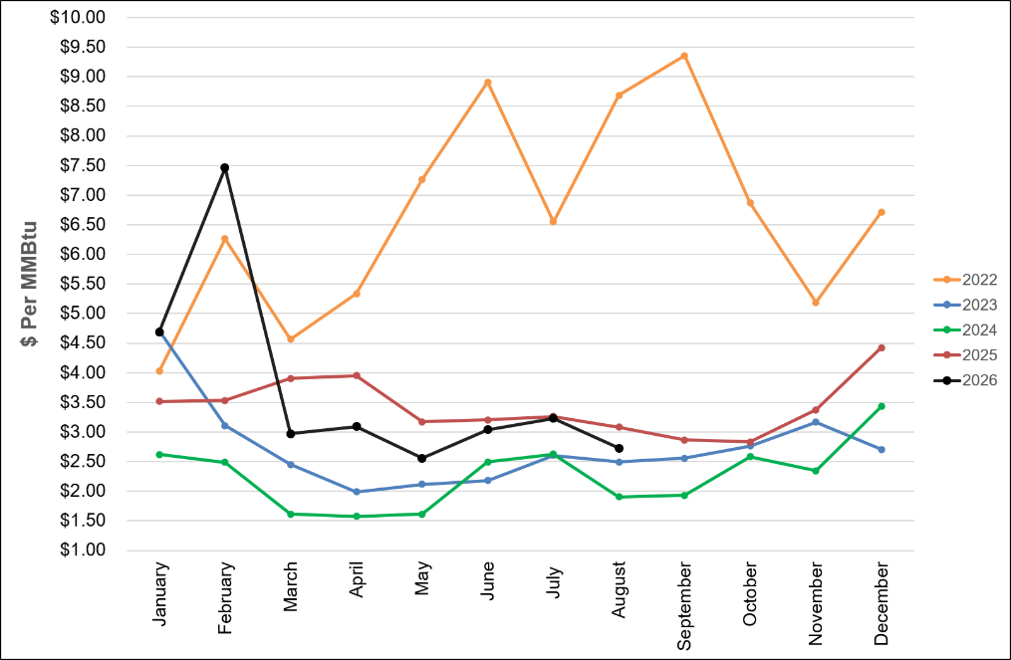 Figure 1: Monthly NYMEX natural gas settlement prices for 2022 through July 2026, in dollars per MMBtu.